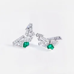 Abstract Diamond and Green Emerald Earrings