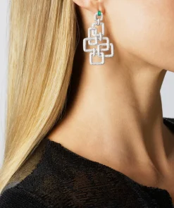 Affinity 9 Link Diamond and Green Emerald Drop Earrings