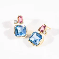 Cubism Colourburst Pink Tourmaline and Blue Topaz Drop Earrings