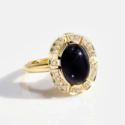 Regina Diamond & Green Emerald Halo Ring with Australian Black Sapphire