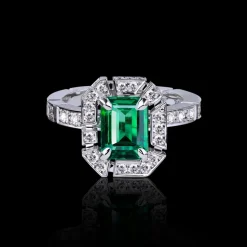 Regina Diamond Halo ring with Green Emerald